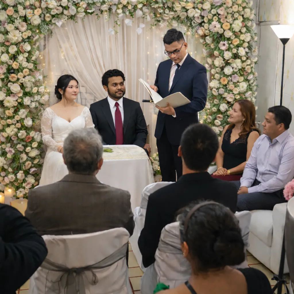Ceremonia de boda civil en local decorado